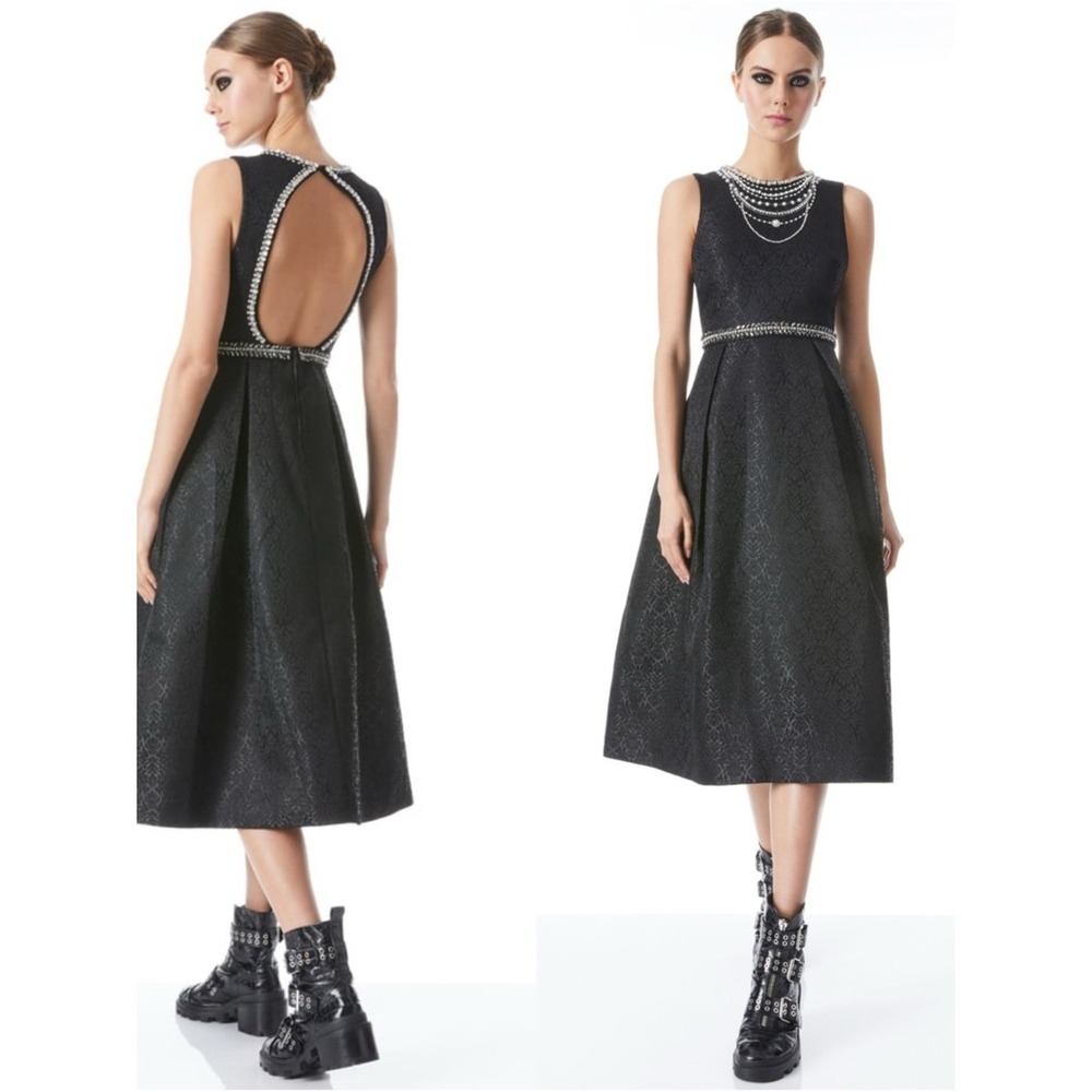 Alice Olivia Black Jacquard Midi Dress Embellished Neck Fit Flare FLAWED